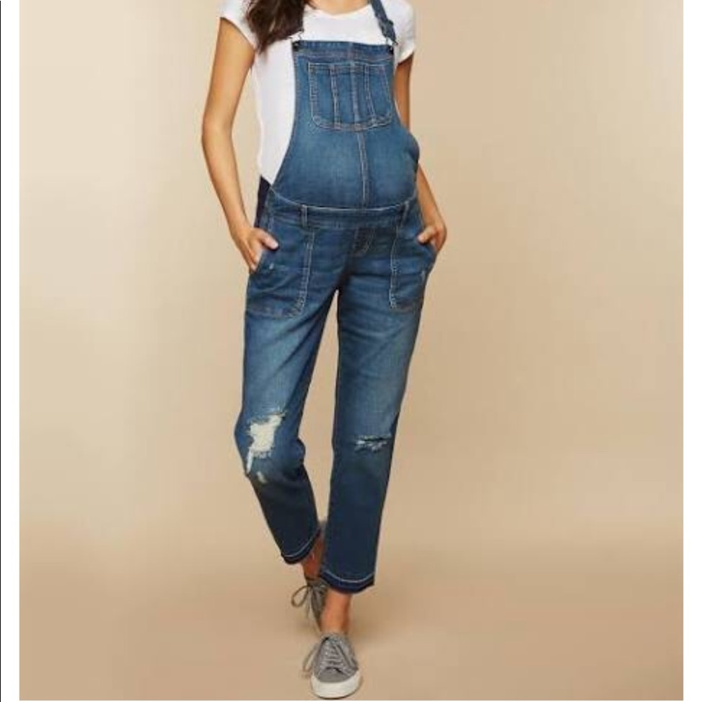 Denim Side Panel Letdown Hem Maternity Overalls
